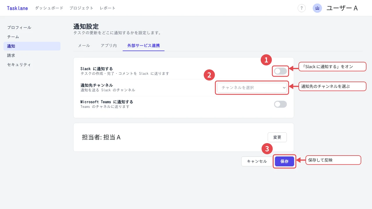同じ画面に、番号付きの赤い枠と説明の吹き出しを 3 組付けた画像