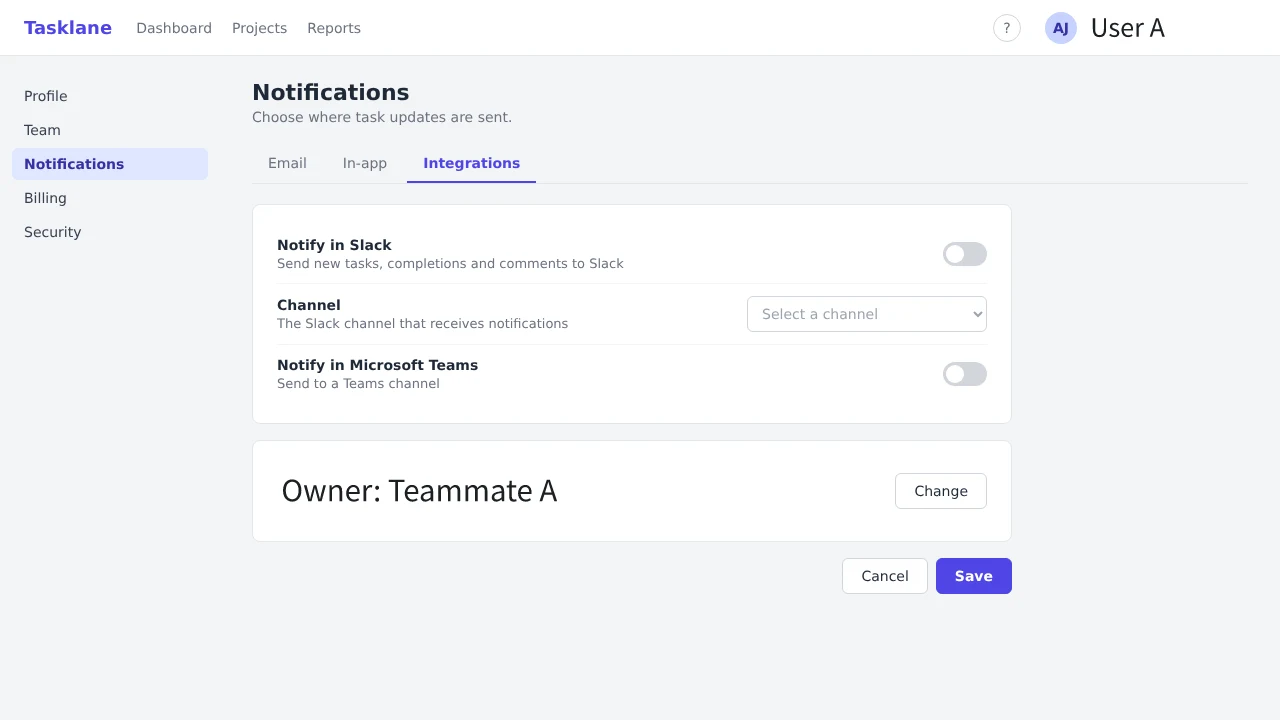 Screenshot of the notification settings page of Tasklane, a fictional SaaS